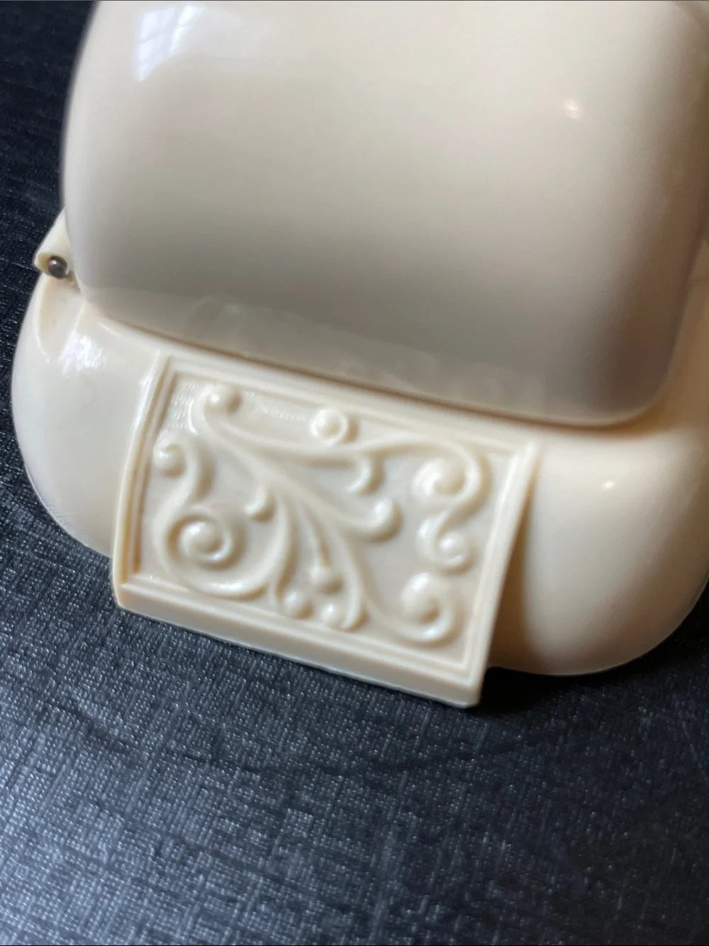 Vtg Dennison Art Deco Ring Box Celluloid Plastic Red Velvet Gold Scroll Accents
